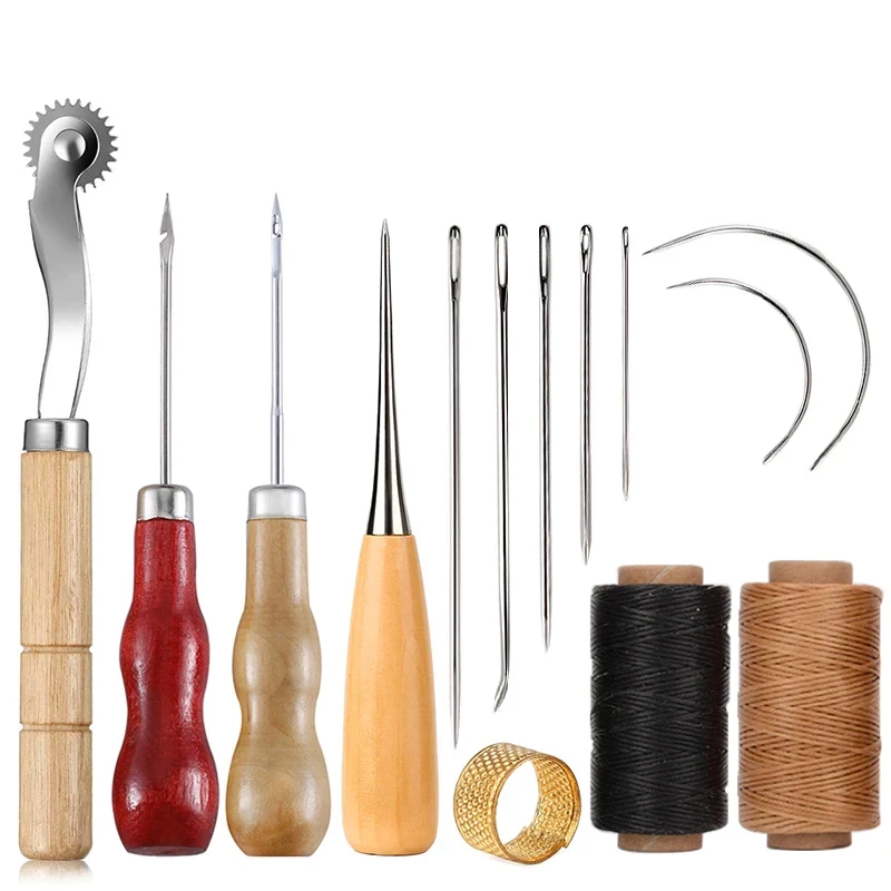 Leather Tooling Kit - 初心者向けレザークラフトソーイングキット、ワックス糸、木製ハンドル、手縫い針、修理ステッチツール、14個