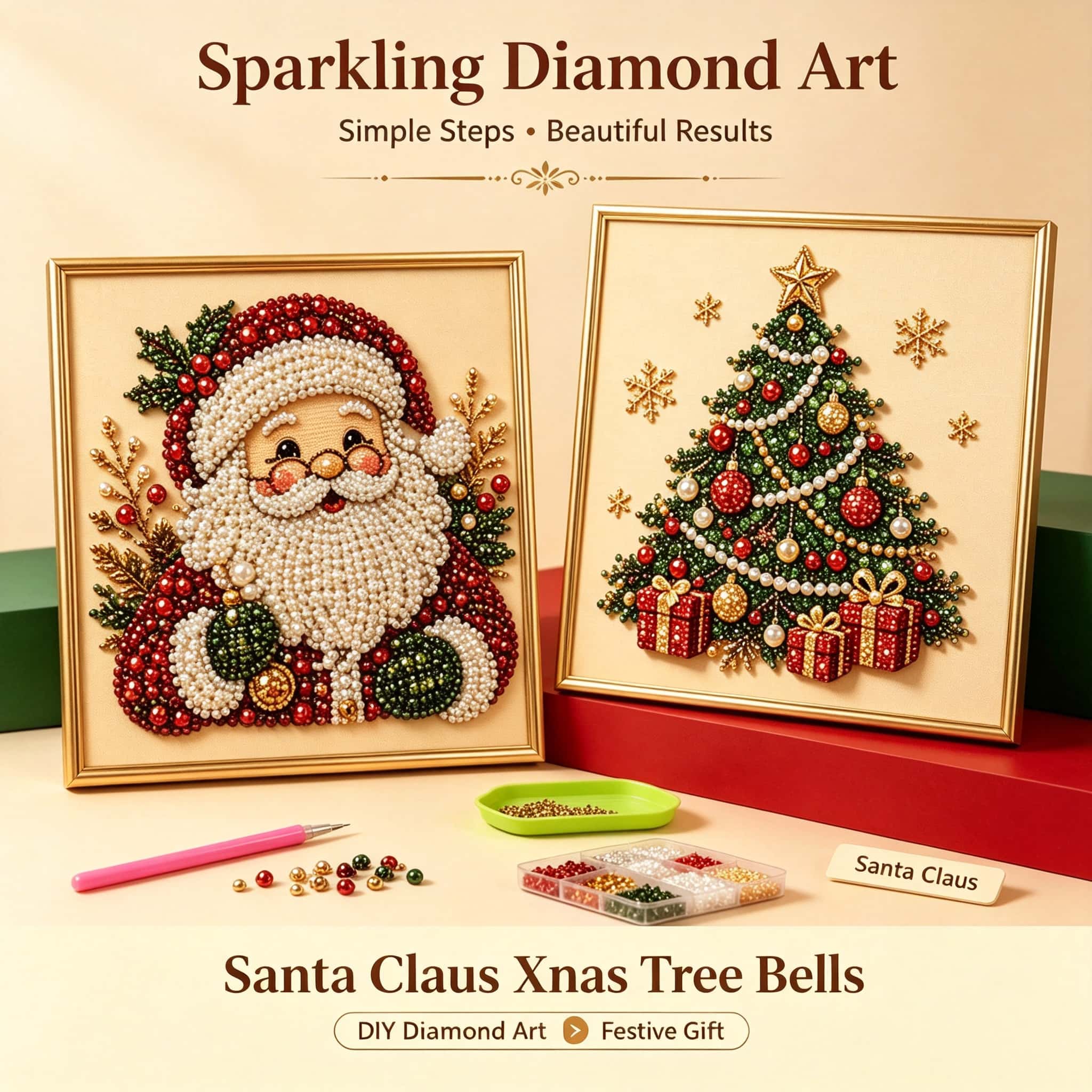 Art Craft Christmas Tree - クリスマス・ダイヤモンドアート・クラフトキット。サンタクロース、クリスマスツリー、ベルのダイヤモンドペイント。DIYビーズで作る、ホリデーシーズンのホームデコレーションに最適なギフト。