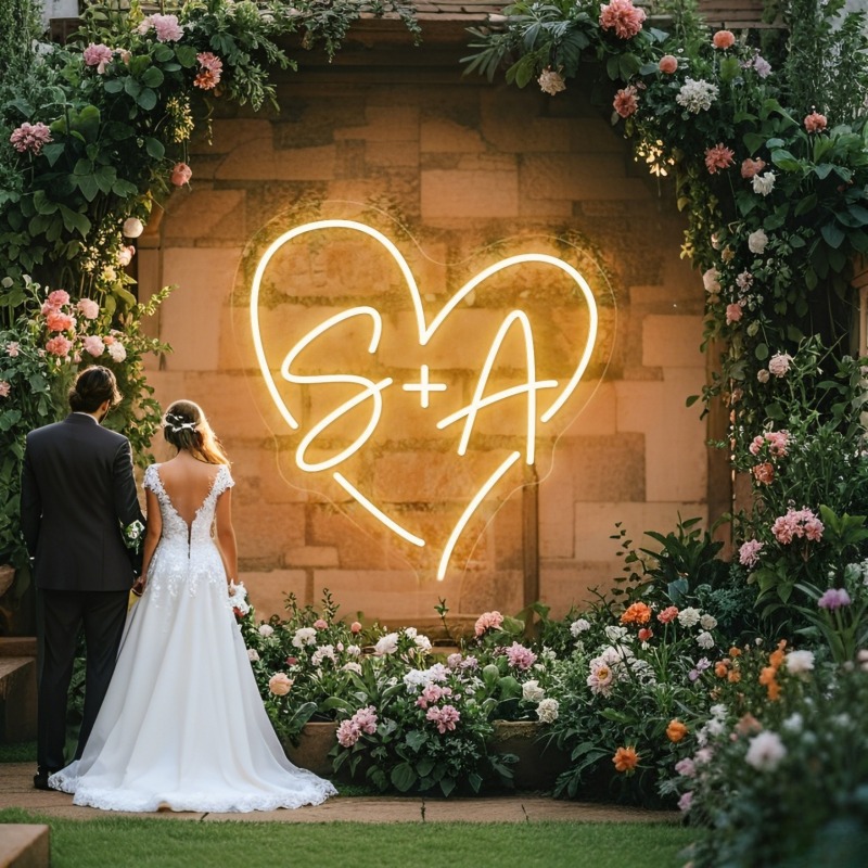Art Craft Christmas - カスタムイニシャルハートLEDネオンサイン、結婚式パーティーの背景、家の壁の装飾、カップルへのギフト用のパーソナライズされたネームネオンライト