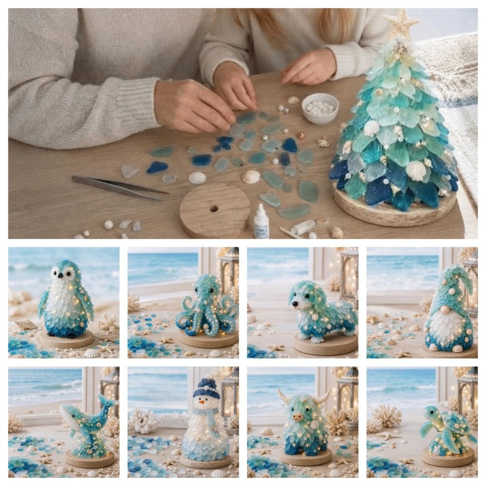 Art Craft Christmas Tree - レイヤー式シーグラスクリスマスツリーDIYキット。LEDライト付きで、テーブルに飾れる。DIY 3Dシーグラスアートキット。DIYクラフト。