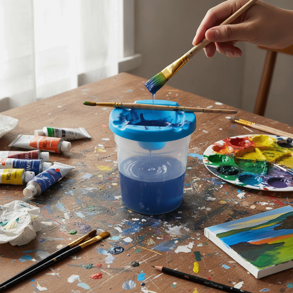 Art Craft And Design - 5個入り、カラフルな蓋付き、こぼれ防止設計の絵の具カップ。開閉しやすい蓋で、ペン洗い用や、アートやクラフトの材料入れなど、様々な用途に使える。