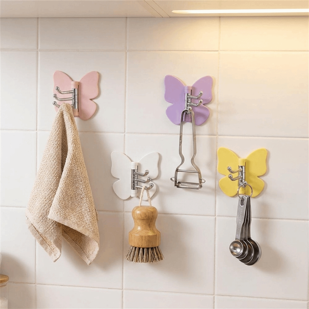 Art Craft Butterfly - 4個入り プラスチック製回転式バタフライウォールフック 粘着式壁掛けバタフライトリプルフック 装飾的 省スペース