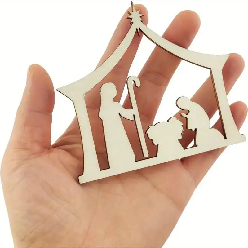 Art And Craft Recycle - 2026年ホットセール木製シルエットアートデコレーション再生木材クリスマスシーンオーナメントDIYクラフト（ロープ付き）4つの飼い葉桶付き厩舎デザイン