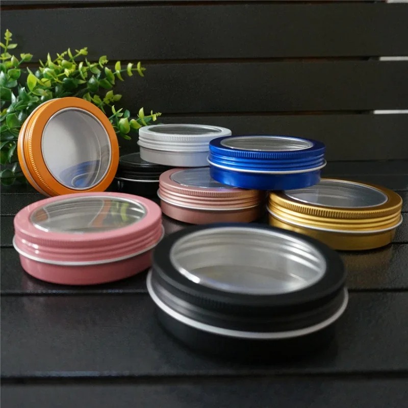 透明な窓付きの丸いアルミ缶、空のリップバーム用コスメ収納ジャ - Art And Craft Recycle のレビューと価格